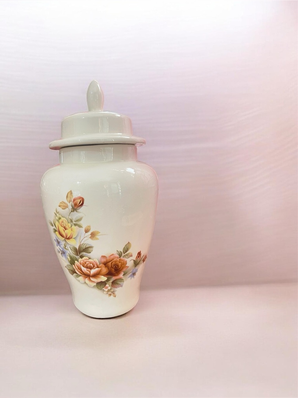 White Porcelain Lidded Ginger Jar with Hand-Painted Roses